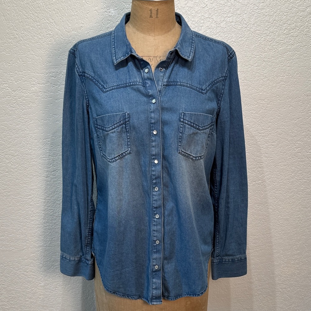 ESMARA by Heidi Klum Denim Shirt‎ Blue Women UK 14 Pearl Snap Long Sleeve